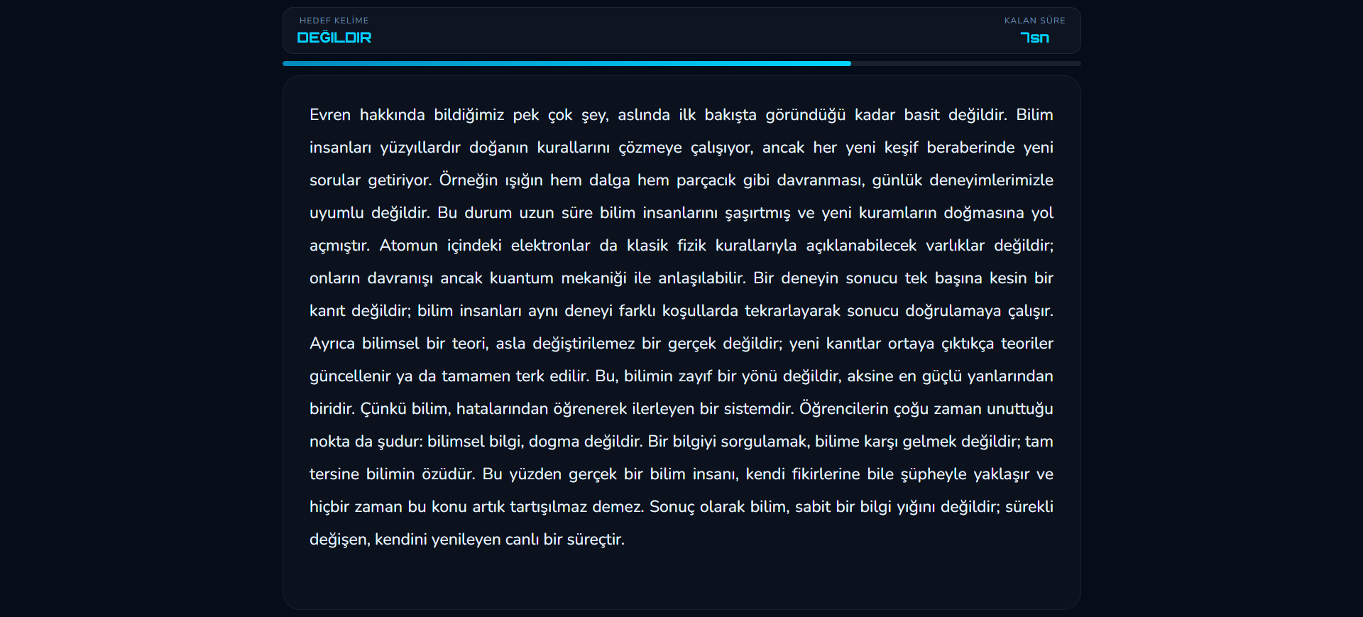 Kritik Kelime Avı egzersizi: metin içinde hedef kelime aranırken metin okunur